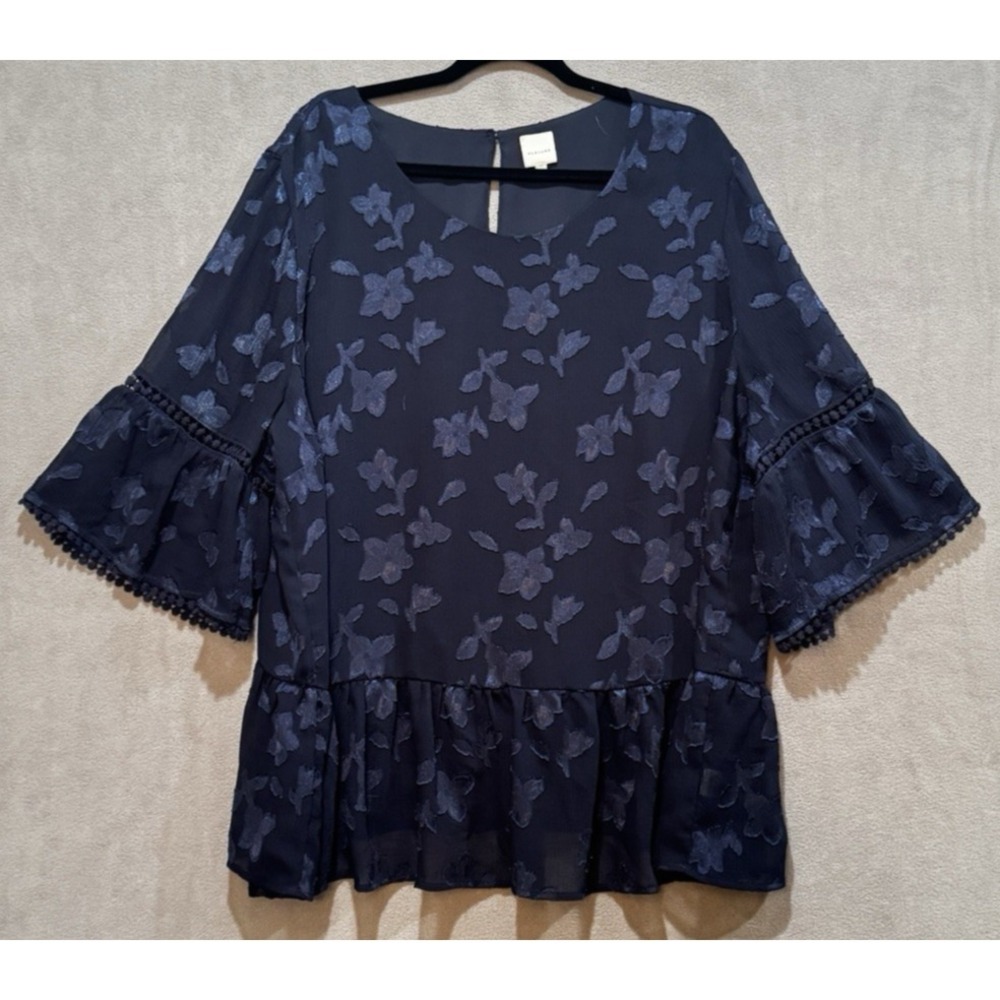 Pleione Navy Blue Floral‎ Burnout Bell Sleeve Peplum Blouse Plus Size 2XL